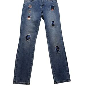 ✨Joseph Ribkoff Medium‎ Wash Patchwork Jeans Size 6 Distressed Embellished✨